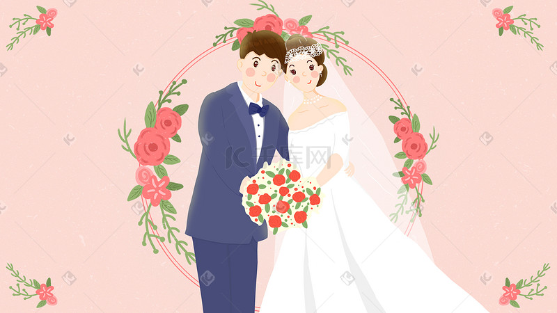 手绘小清新婚庆主题情侣结婚婚纱照插画图片