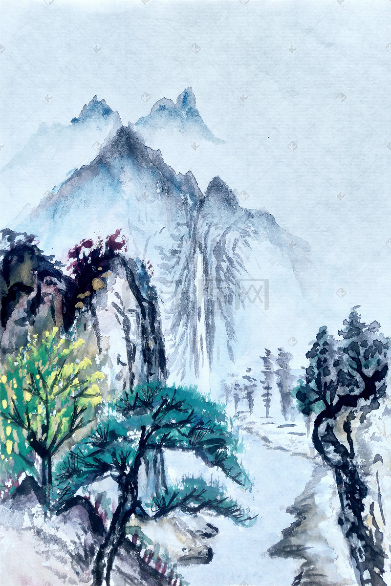唯美风新中式中国风意境水墨山水画图片