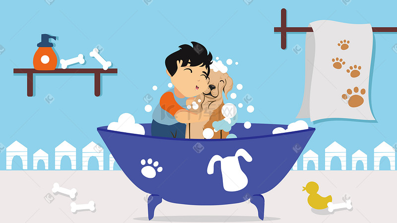 男孩与狗洗澡插画图片