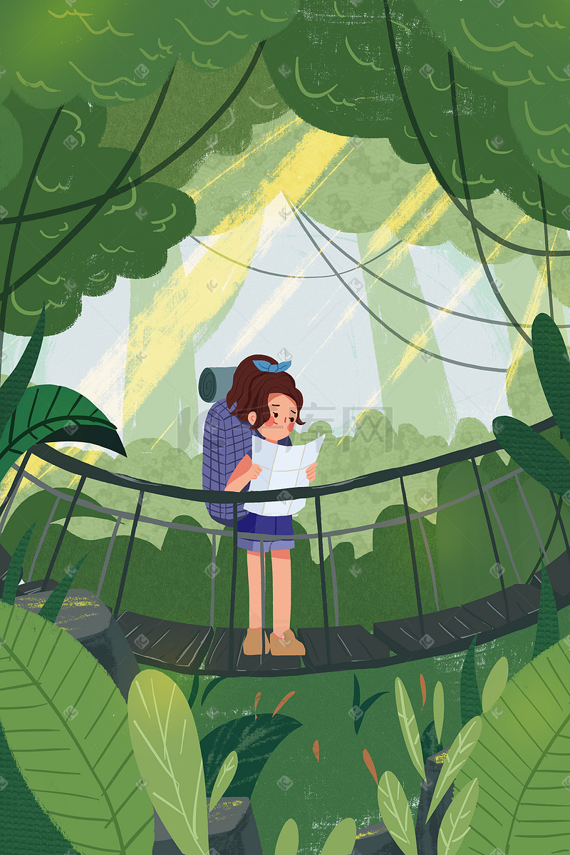 4月你好旅游踏青旅行少女大自然森林插画图片