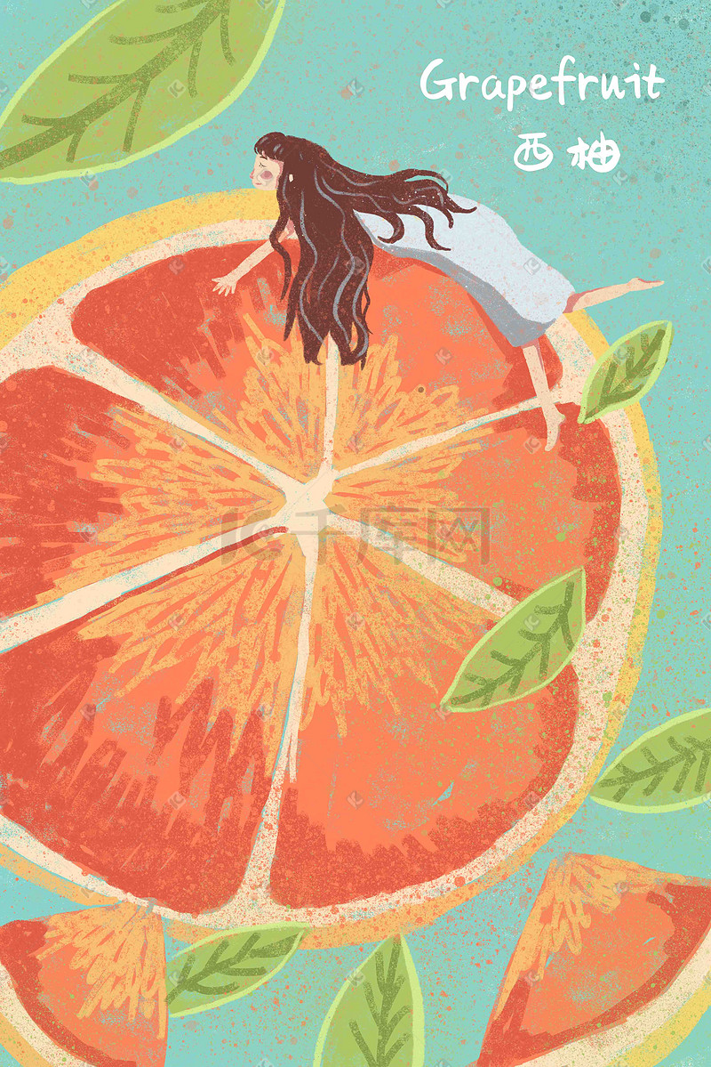 清新水果西柚少女夏季清新水果手绘风格插画图片