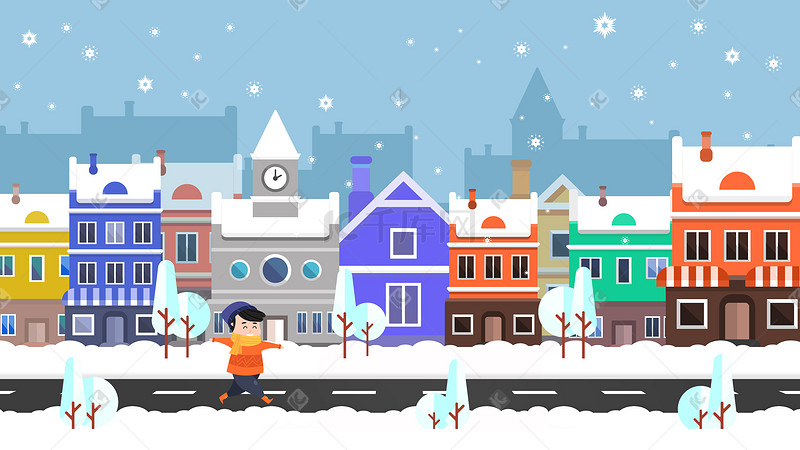 卡通大雪冬日城市街道雪景插画图片
