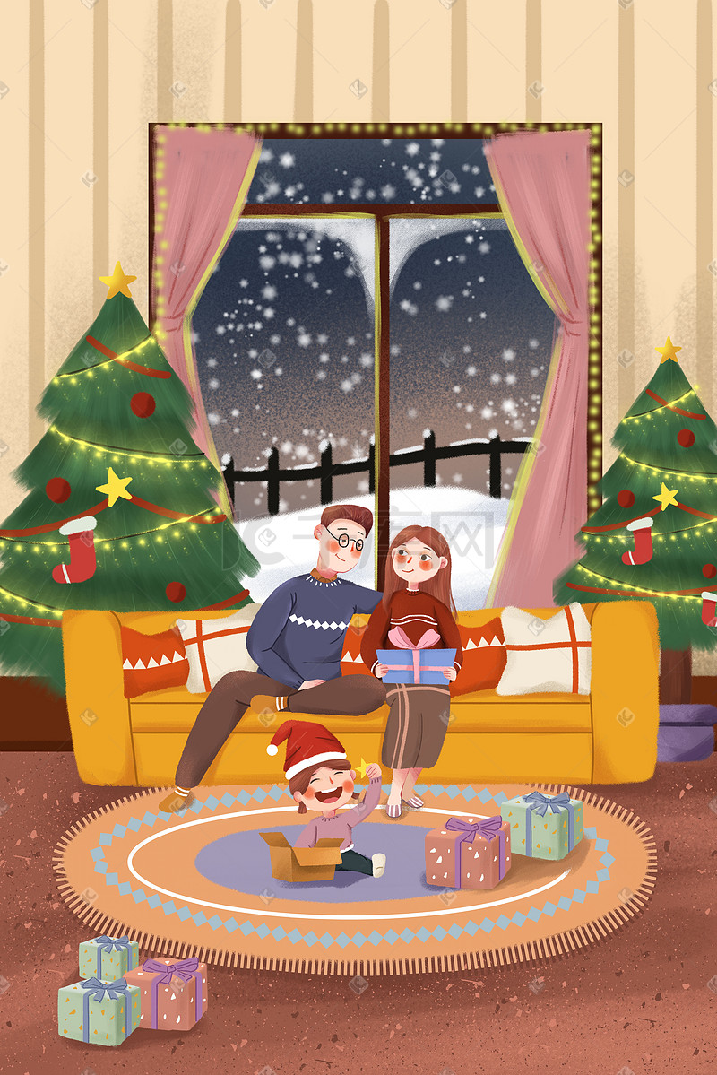 圣诞手绘小清新圣诞节温馨拆礼物的一家人插画圣诞图片