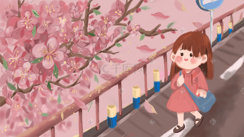 春天女孩出游赏樱花卡通插画图片
