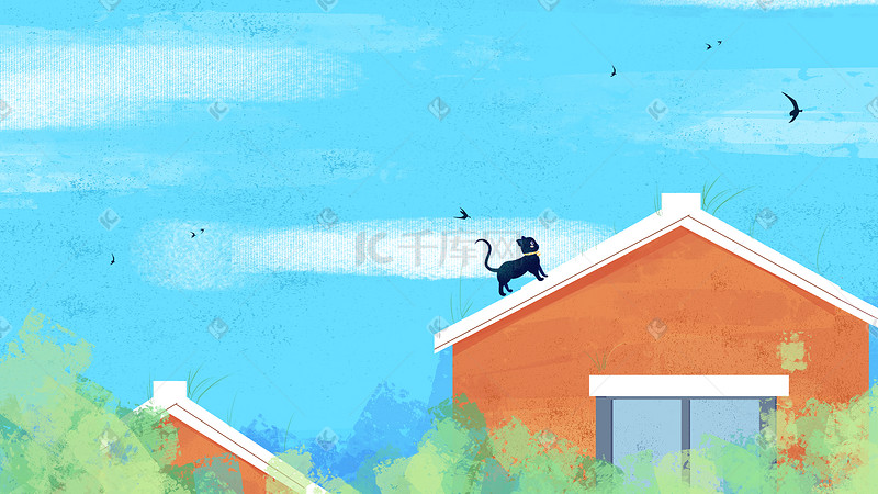 蓝色小清新黑猫在屋顶散步早安插画图片