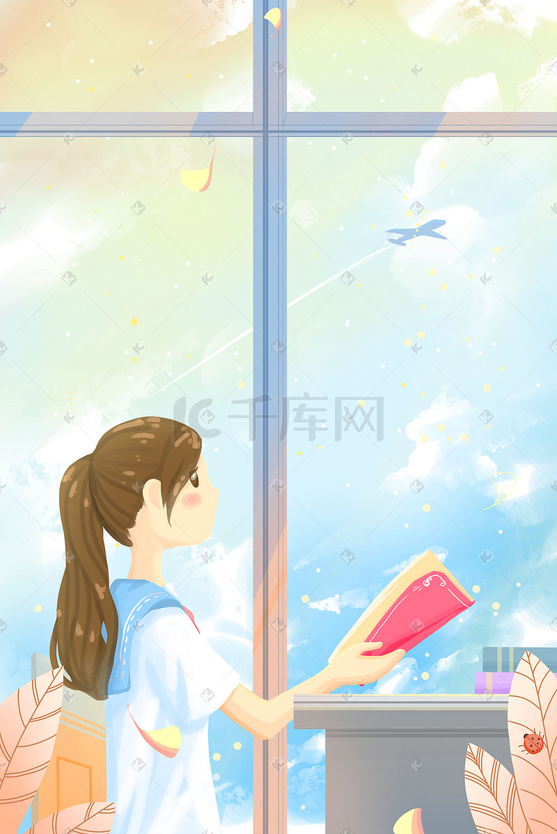 在学校窗边学习白色唯美卡通暖色调插画图片