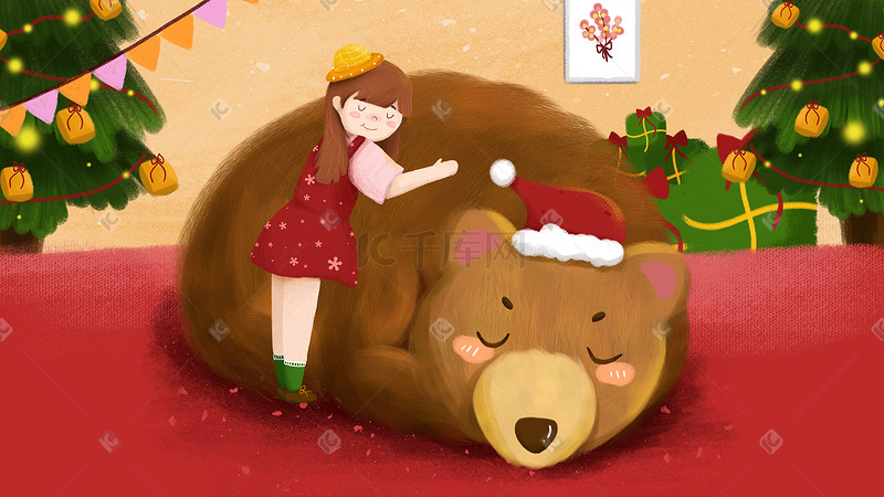 圣诞节熊少女红色卡通插画圣诞图片