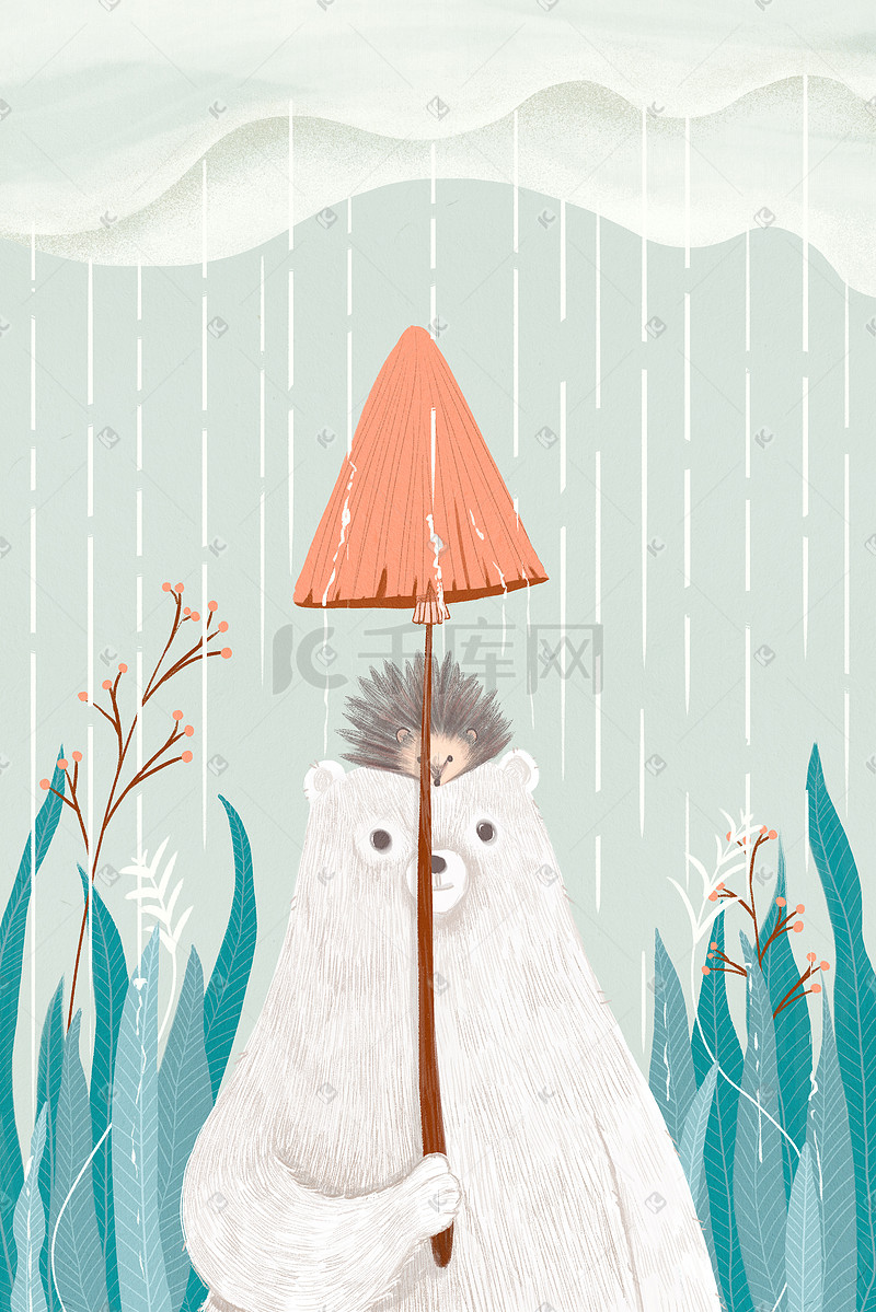 手绘雨中蘑菇伞下的友情图片