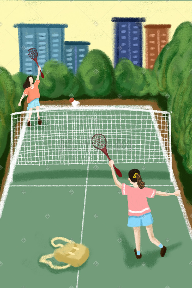 运动主题打羽毛球的女孩手绘插画图片