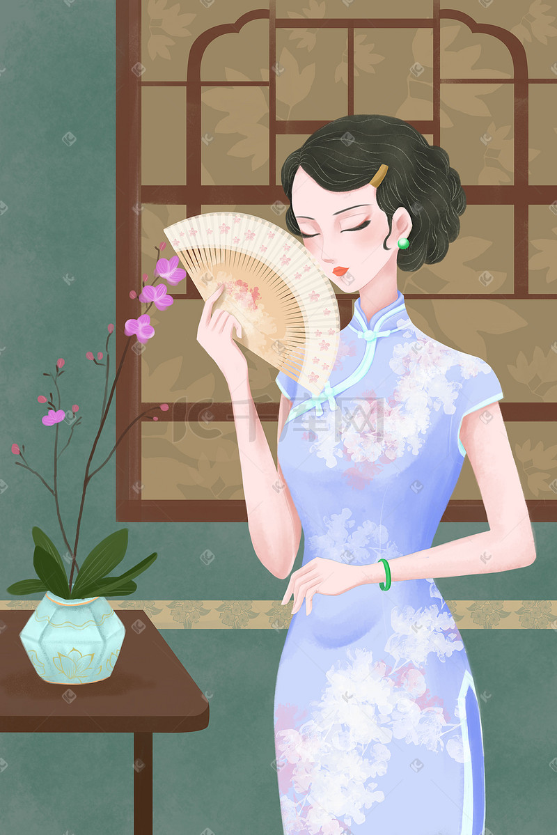 38妇女节民国穿旗袍的清冷女人插画图片