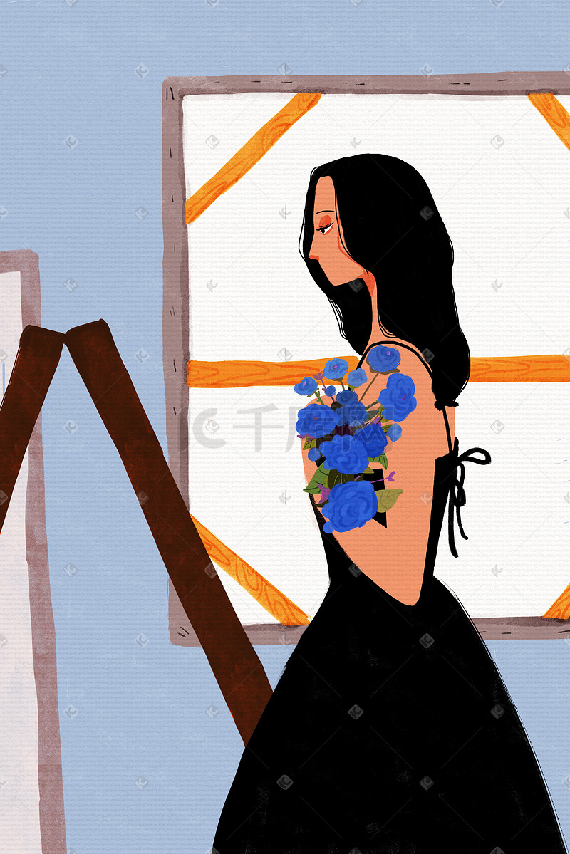冷色调蓝色系手绘质感文艺少女抱着花配图图片