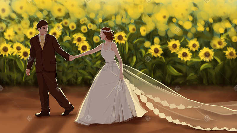 手绘新郎新娘结婚婚庆照插画图片