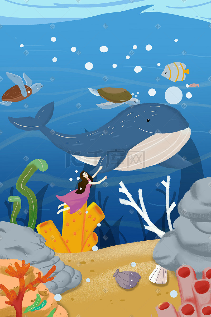海洋海底世界鲸鱼少女潜水蓝色卡通扁平插画图片