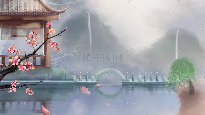 清明节古风插画春天风景水墨山水中国风花卉图片