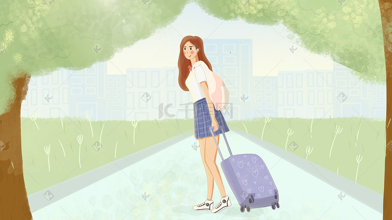 小清新开学季学生女生拉箱子行李报道插画图片