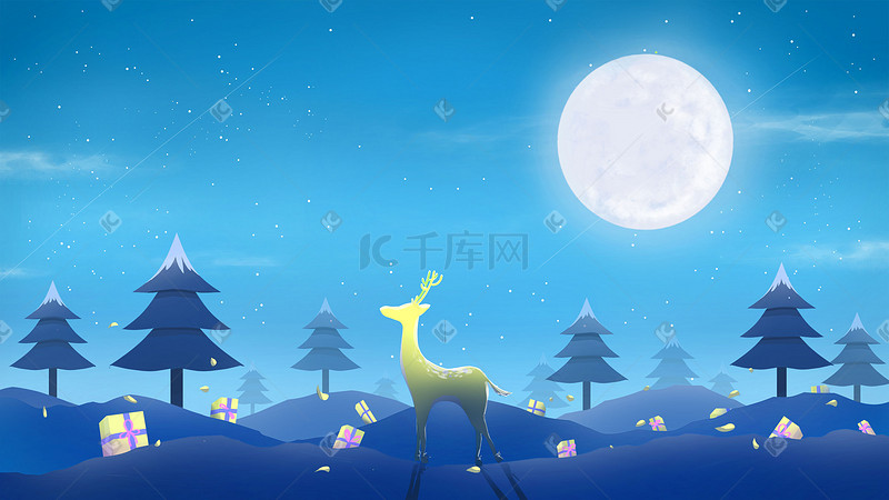 圣诞节平安夜夜晚小鹿插画蓝色唯美卡通圣诞图片