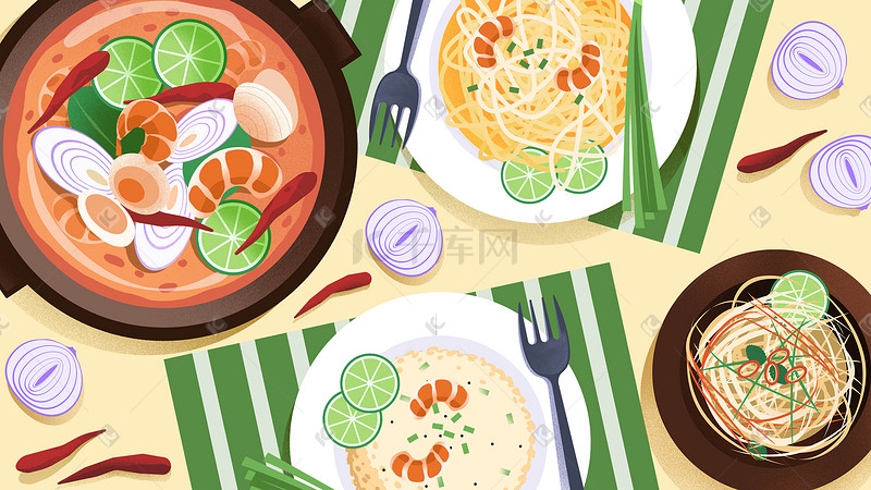 美食插画泰国菜肴banner背景图片