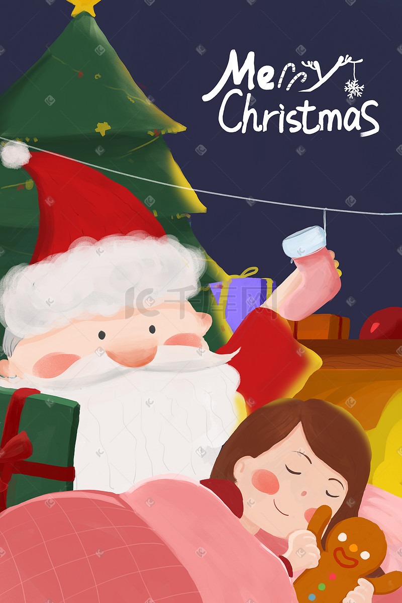 圣诞节圣诞老人送礼物手绘插画圣诞图片