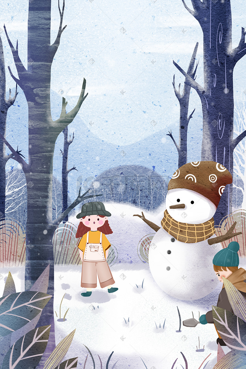 假期寒假生活少女雪景雪花堆雪人卡通插画图片