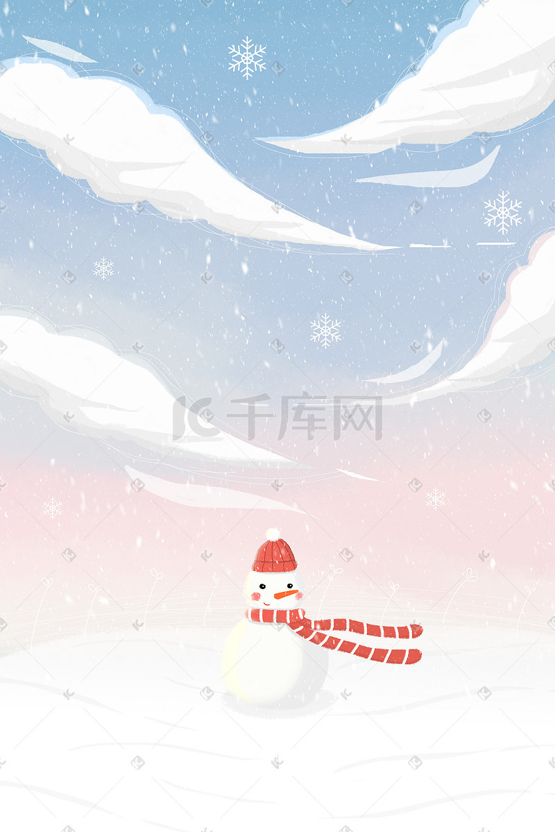 手绘唯美治愈系冬天雪地里的小雪人插画图片