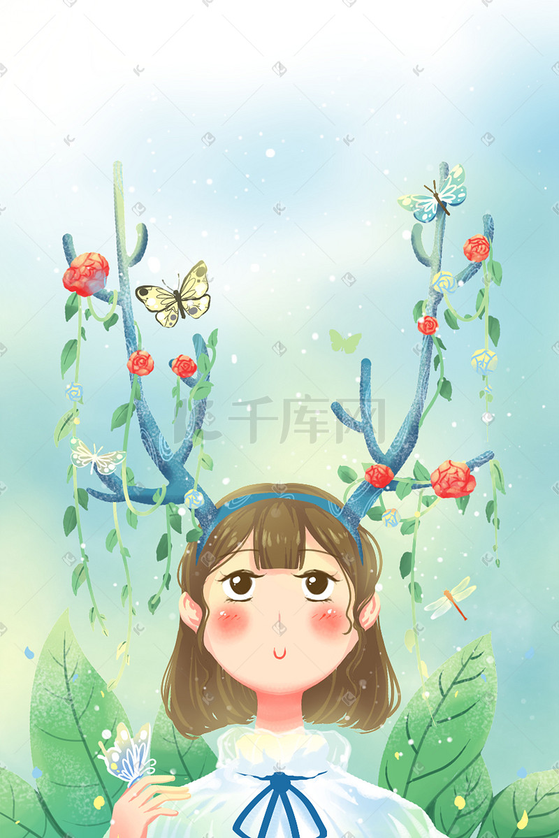 春天你好鹿角少女绿色唯美卡通治愈插画图片