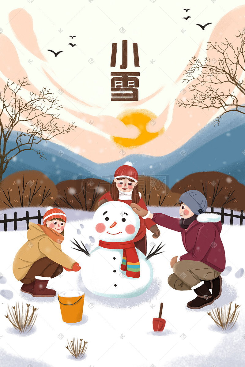 手绘冬日小雪堆雪人的人物插画图片