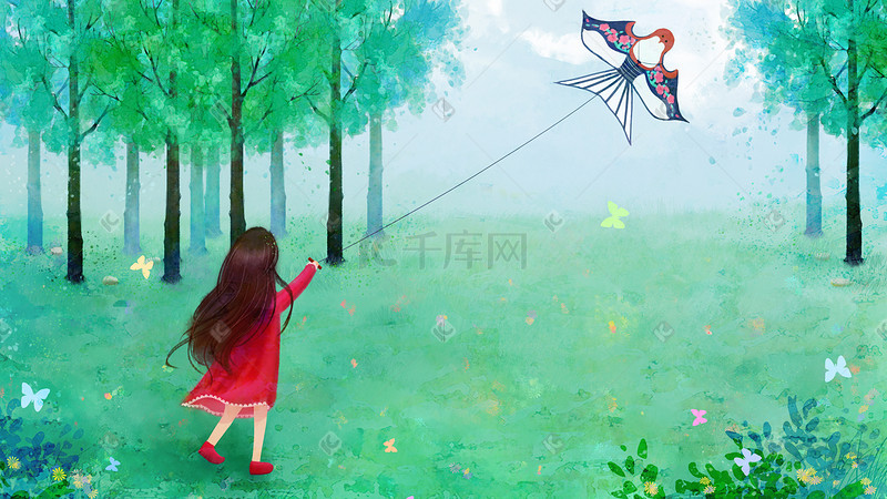 水彩风小清新春季风景踏青女孩草地放风筝图片