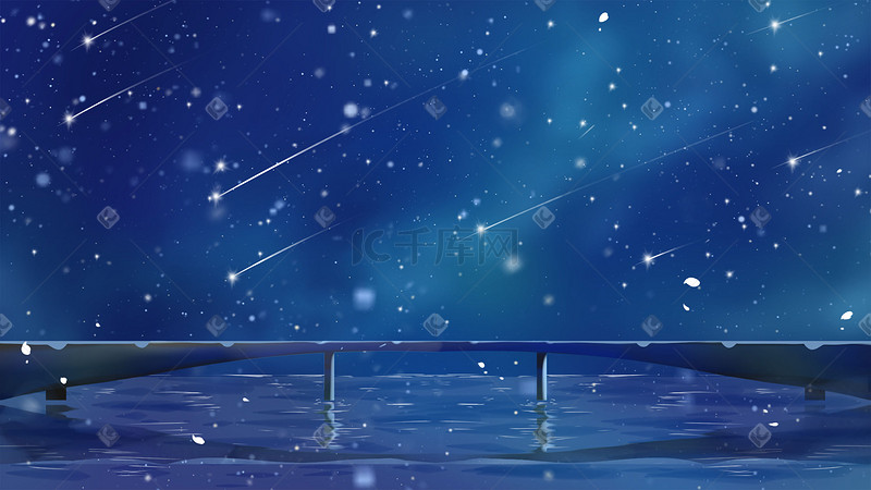 深蓝色唯美卡通流星繁星夜空星光下的桥配图图片