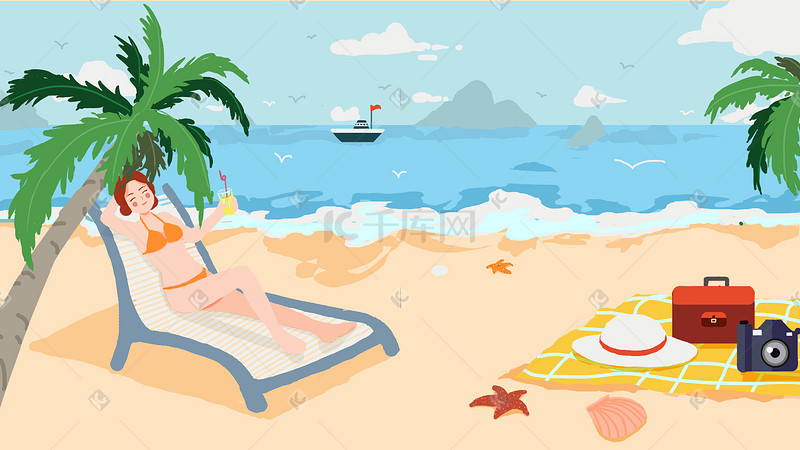 24节气夏日立夏旅游海边沙滩风景少女插画图片