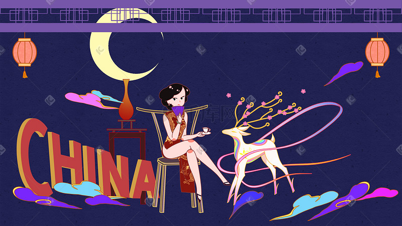 新式中国风国潮民国旗袍美女插画海报图片