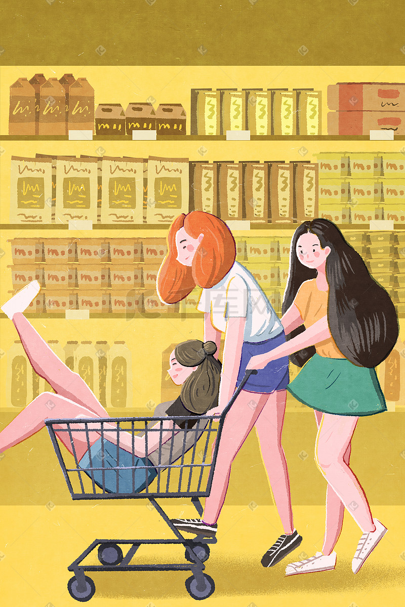 友谊插画闺蜜超市购物海报背景促销购物618图片