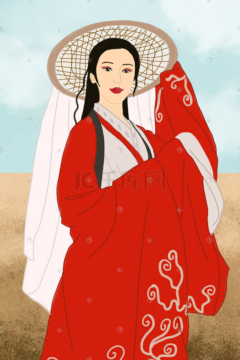 国潮中式风格服饰之汉服古装女子斗笠红衣图片