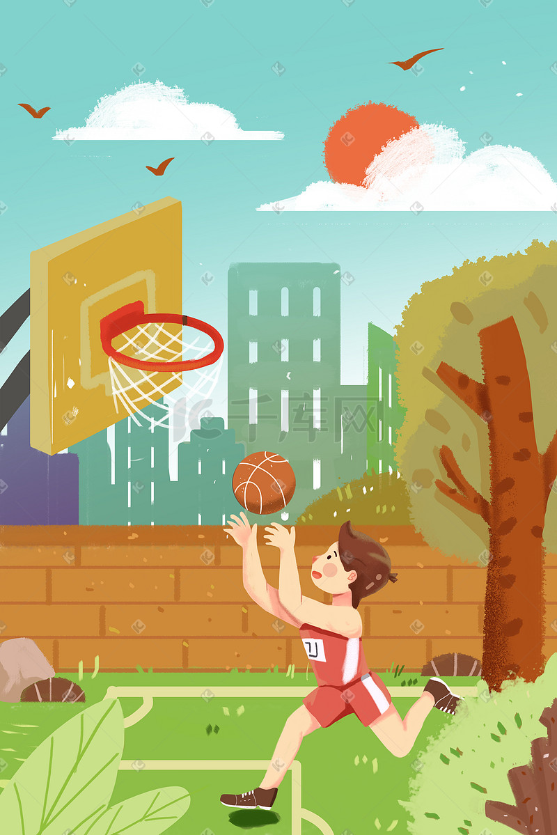 54青年节青年人运动健身打篮球卡通插画图片