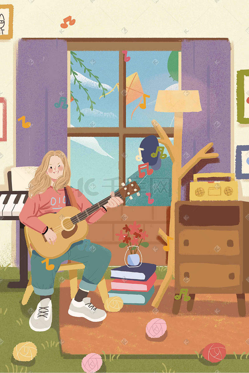 青年时尚音乐吉他少女彩色手绘创意插画图片