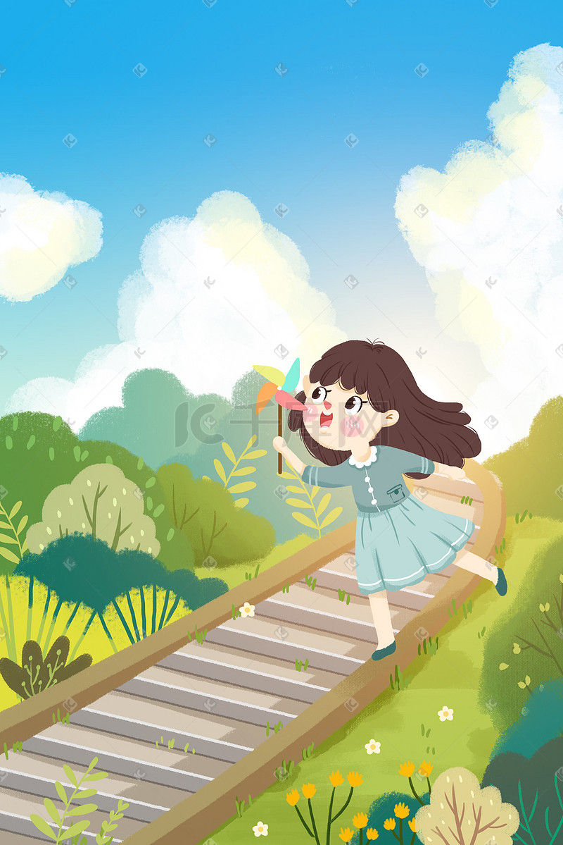 你好二月春天女孩铁道旁玩风车小清新插画图片