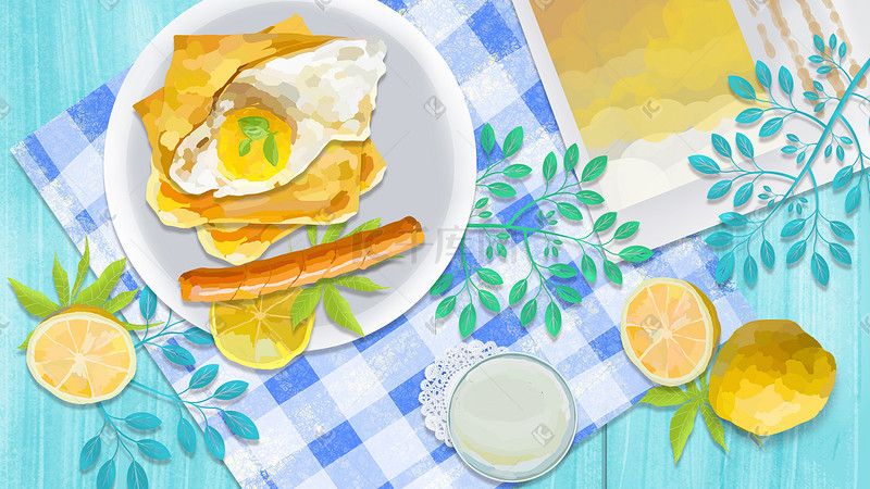 美食早餐荷包蛋与火腿肠插画图片