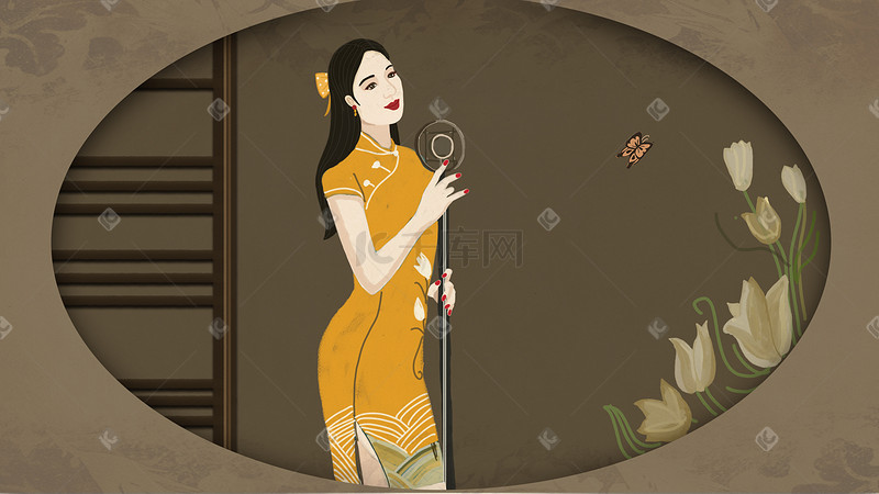 复古风民国黄色旗袍女子唱歌图片