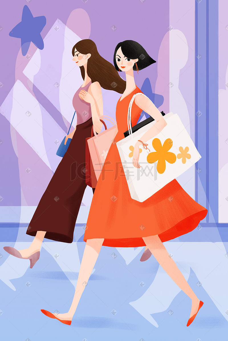 商业街三八妇女节白领购物海购场景插画促销购物618图片