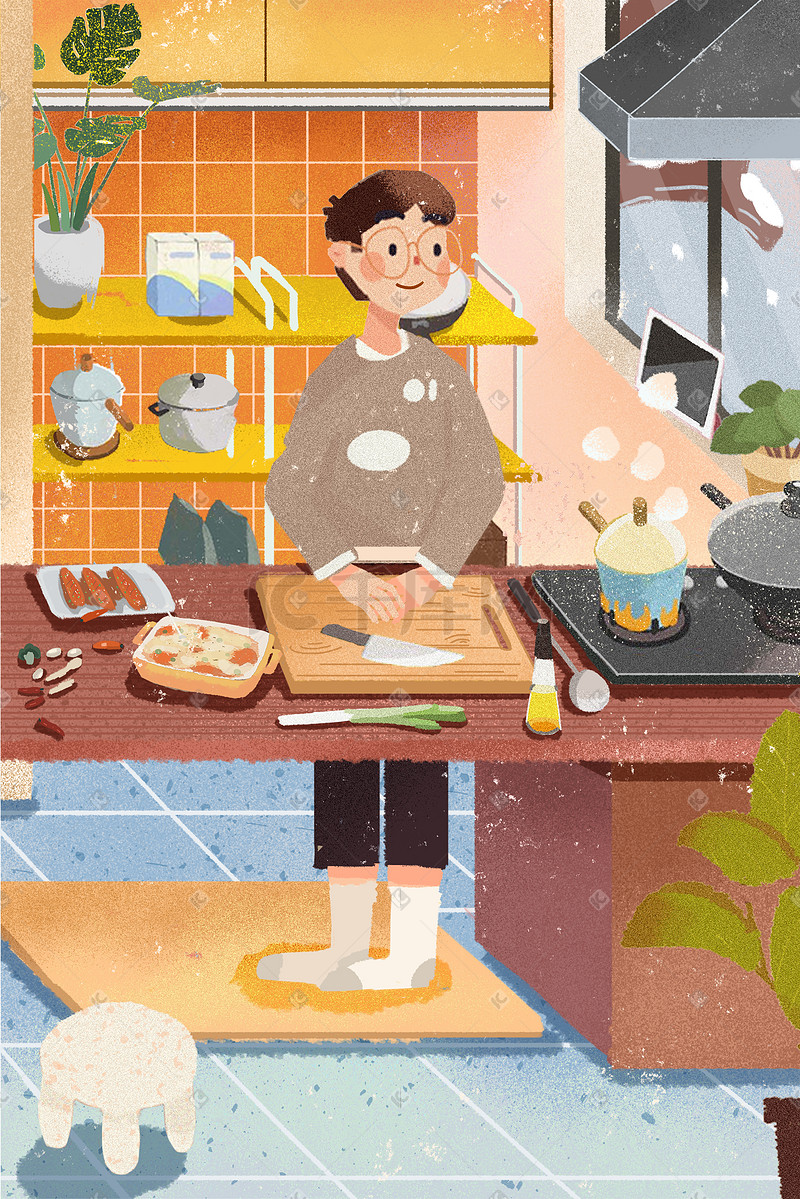 寒假假期生活方式男孩做饭美食卡通插画图片