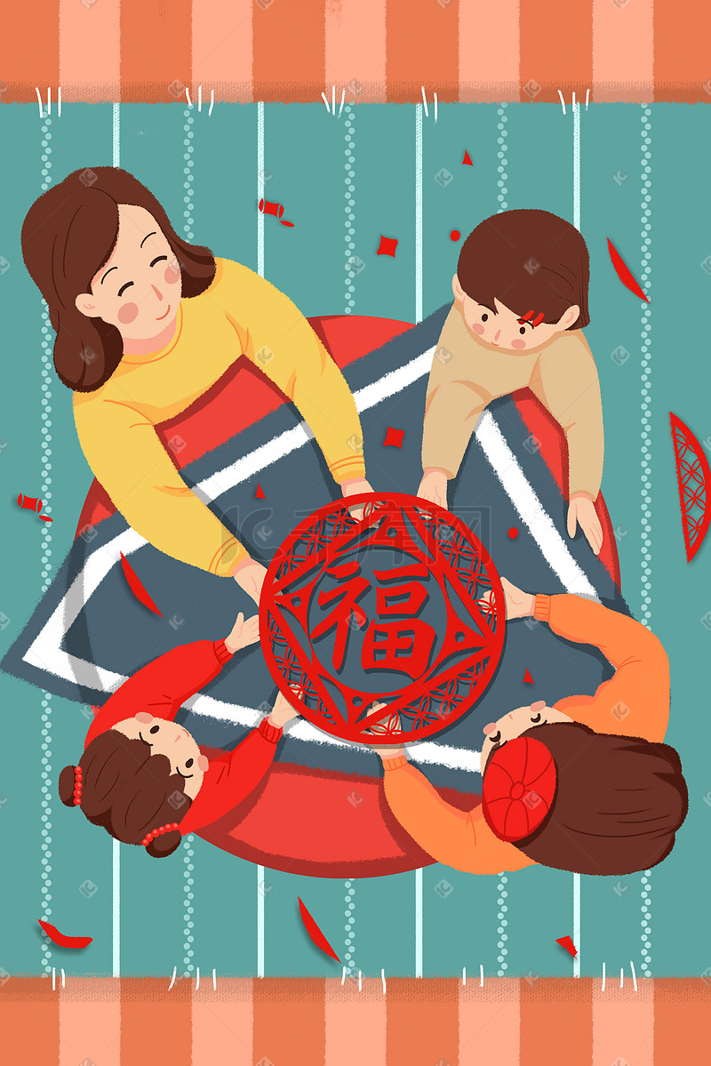 春节过年剪纸福字喜庆卡通人物扁平插画图片