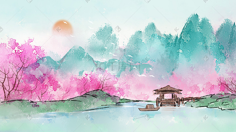 中国风水墨背景桃园山水图片