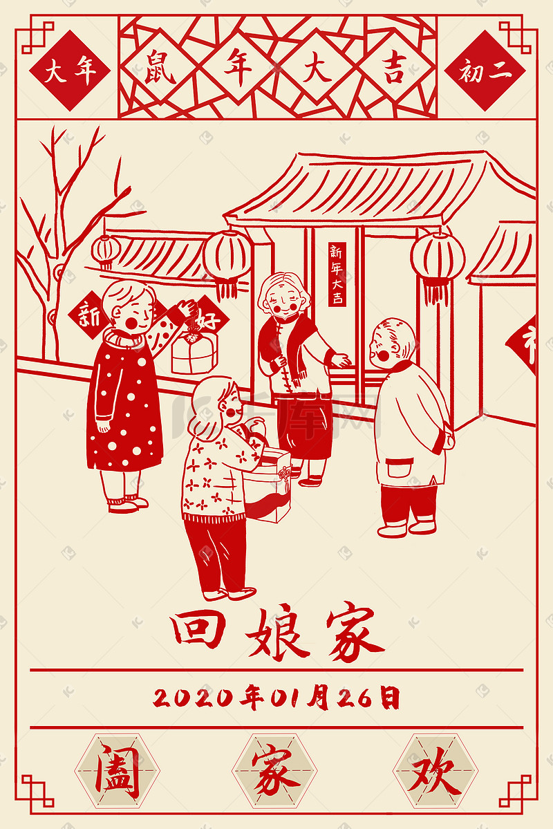 中国传统节日鼠年过年习俗大年初二插画图片