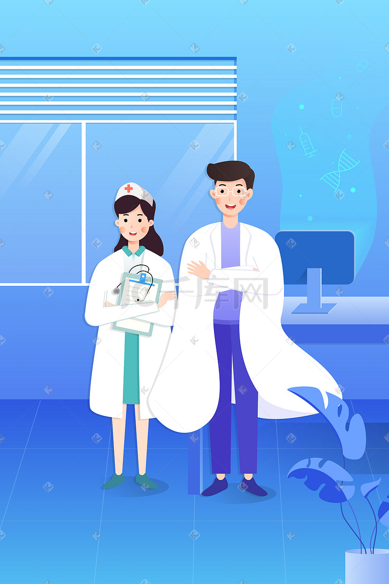 蓝色科技扁平风男女医护人员站在医院内微笑科技图片