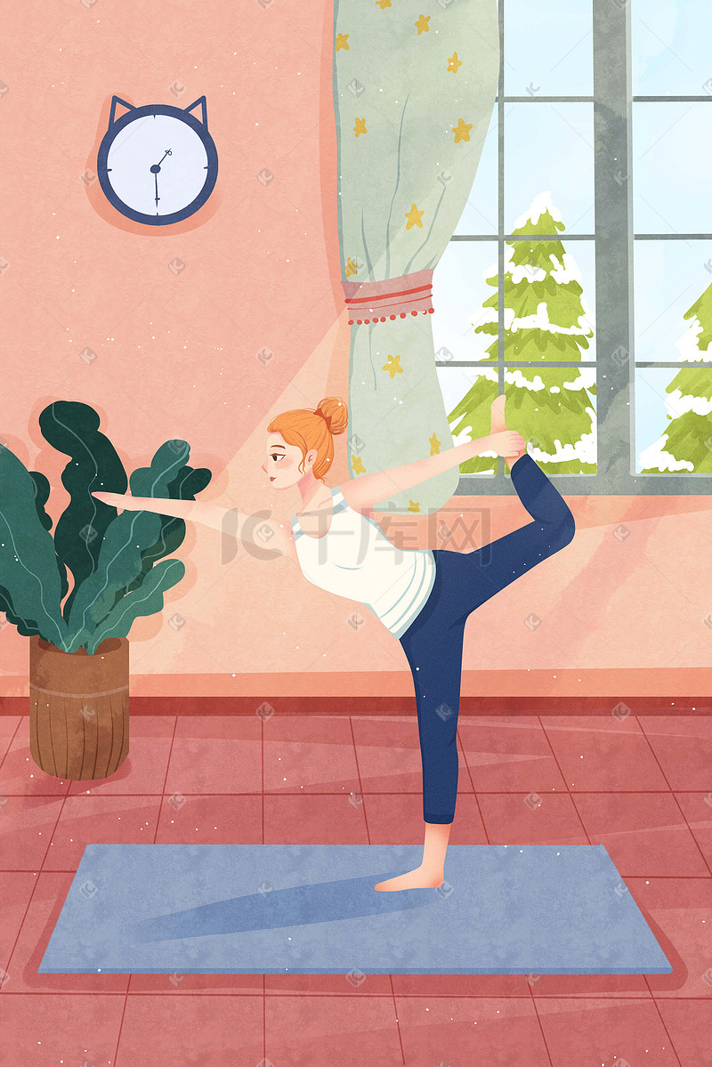 养生室内练习瑜伽插画图片