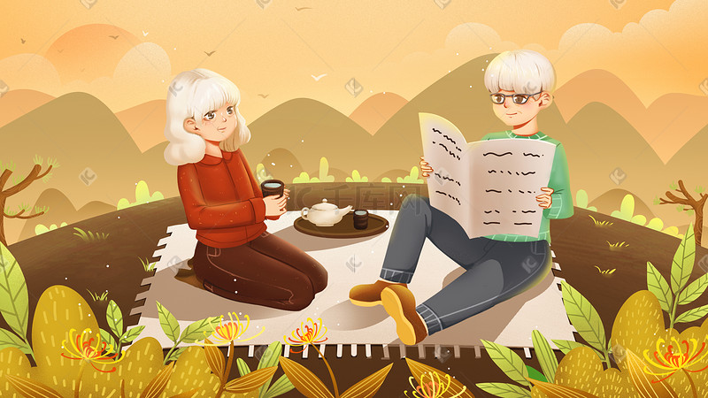 重阳节老年夫妻郊游野餐喝茶手绘背景海报图片