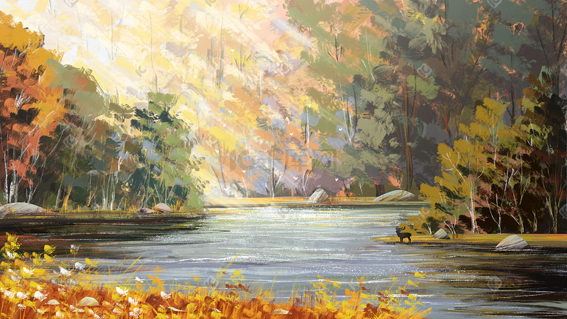 厚涂秋天油画治愈河流森林树林阳光背景图片
