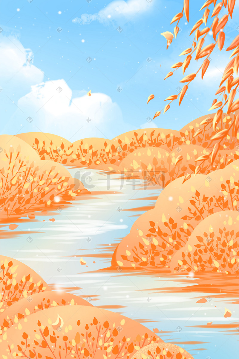 秋天秋季节气天空蓝天云树叶河流橙色背景图片