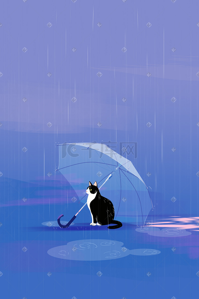 雨天冷淡风猫咪躲雨插画画面图片