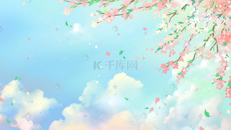 蓝粉色唯美治愈天空云樱花花瓣花瓣树枝背景图片