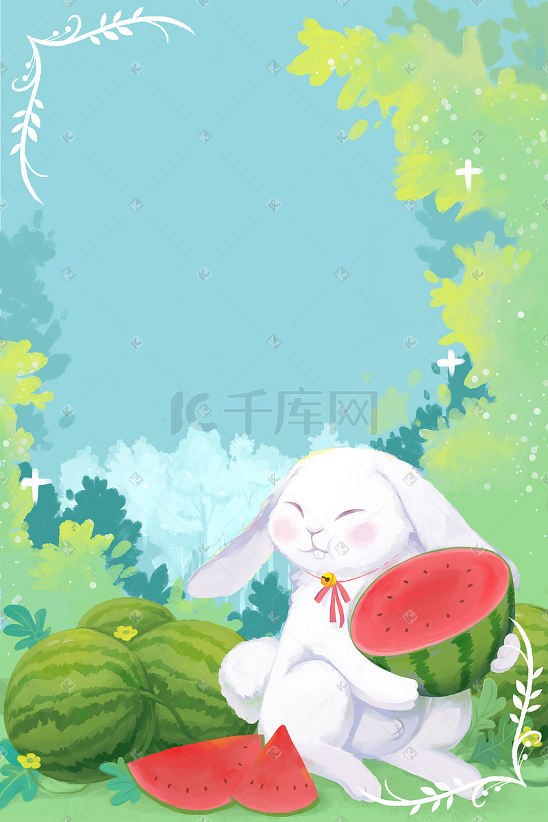 蓝绿小清新夏季兔子吃西瓜植物夏天图片